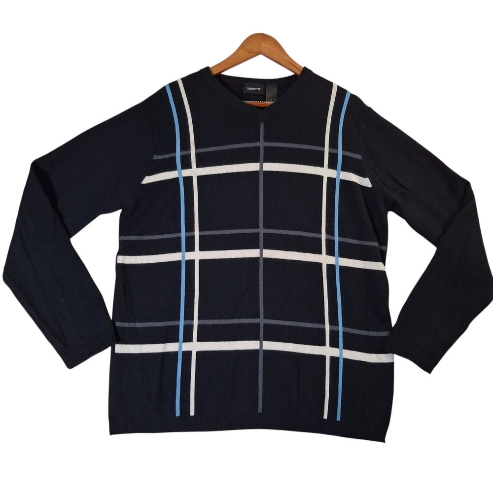 Liz Claiborne Cashmere Sweater‎ Men's Medium Black Blue V-Neck Long Sleeve Plaid